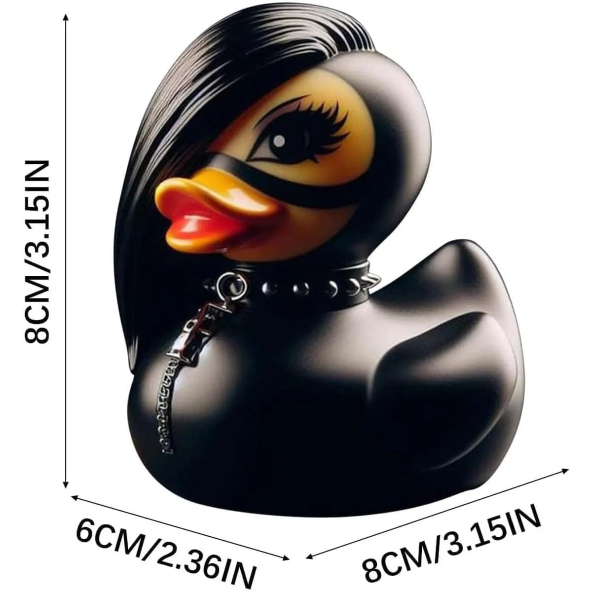 Black rubber duck figurine with yellow accents and a black collar, shown from the side.