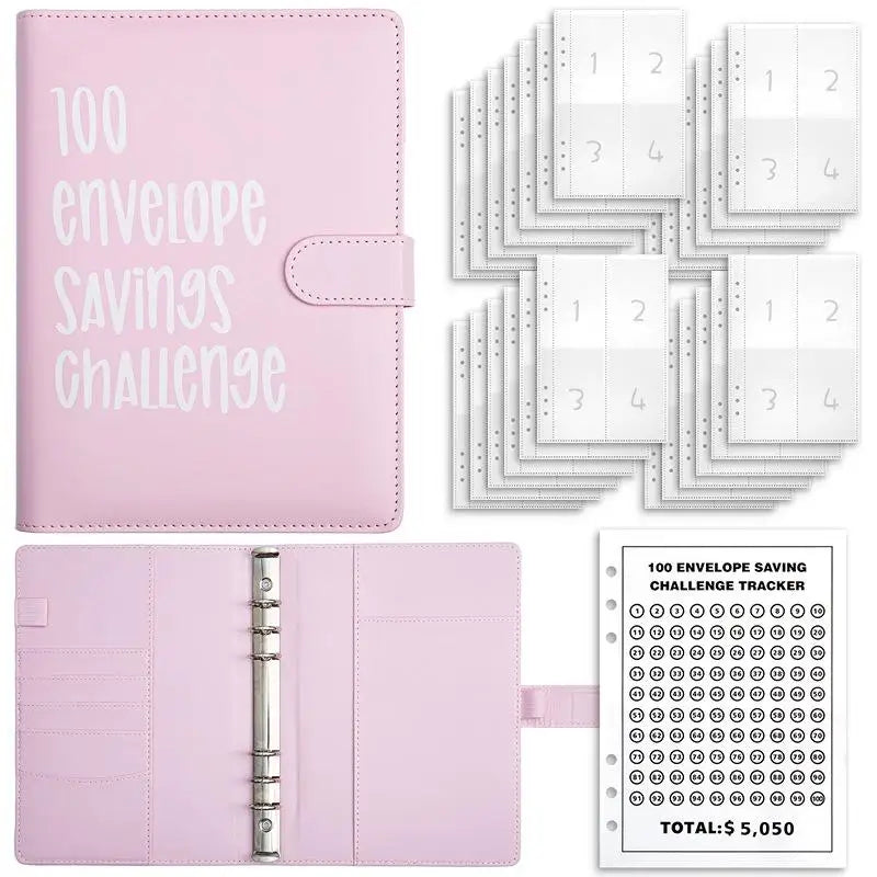Pink envelope savings challenge planner with numbered grids and a tracker for $5,050