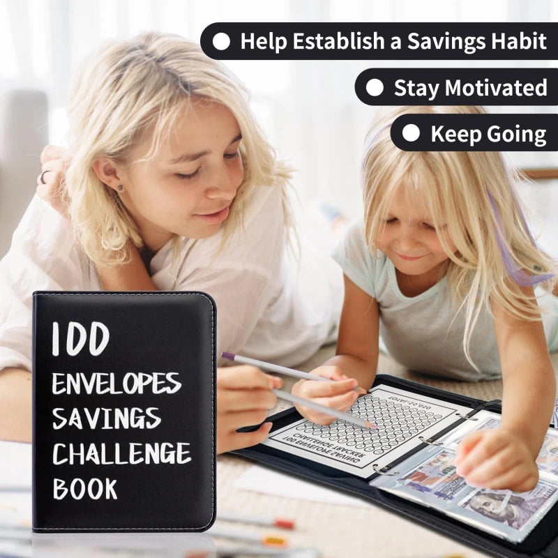 A woman and a child are using an IDD envelopes savings challenge book to establish a savings habit.