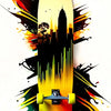 A skateboard featuring a vibrant yellow and orange design with black silhouettes of city skylines and abstract paint splatter