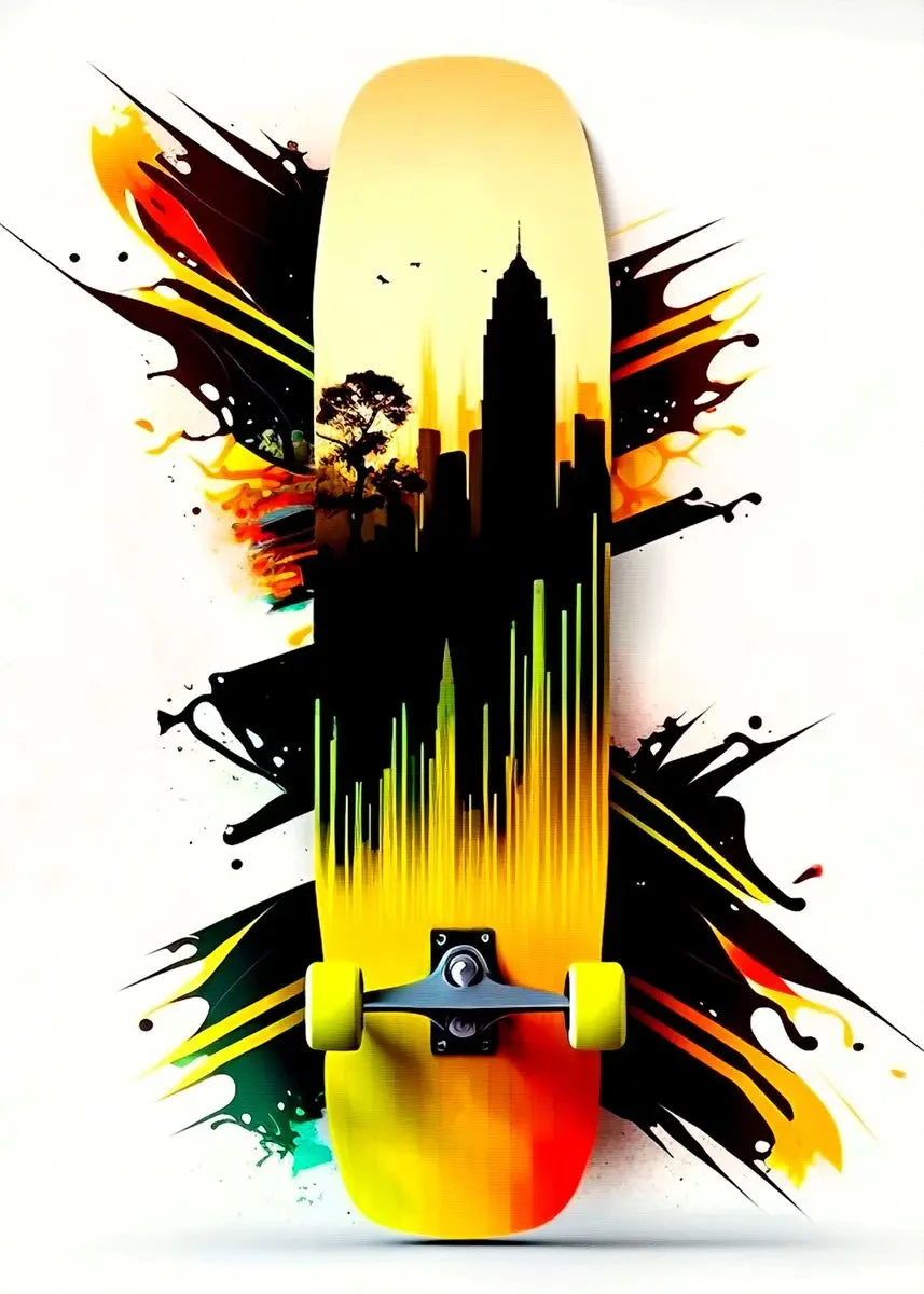 A skateboard featuring a vibrant yellow and orange design with black silhouettes of city skylines and abstract paint splatter