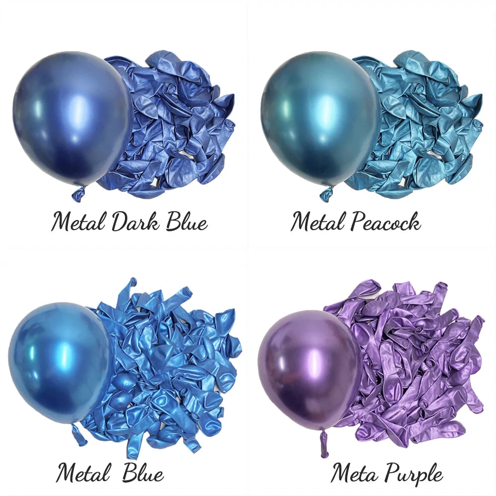Four metallic latex balloons in dark blue, peacock blue, blue, and purple colors shown next to crumpled foil.