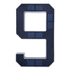 A close-up view of a dark house number sign featuring a large numeral 9 with blue solar LED lights.