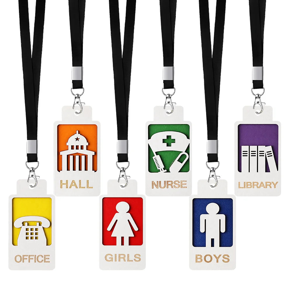 Acrylic hall pass set with lanyards featuring assorted colors for different roles like nurse, office, girls, boys, and librar
