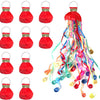 A collection of red and brown paper streamers for party decor, shown in various rolled and unrolled forms.