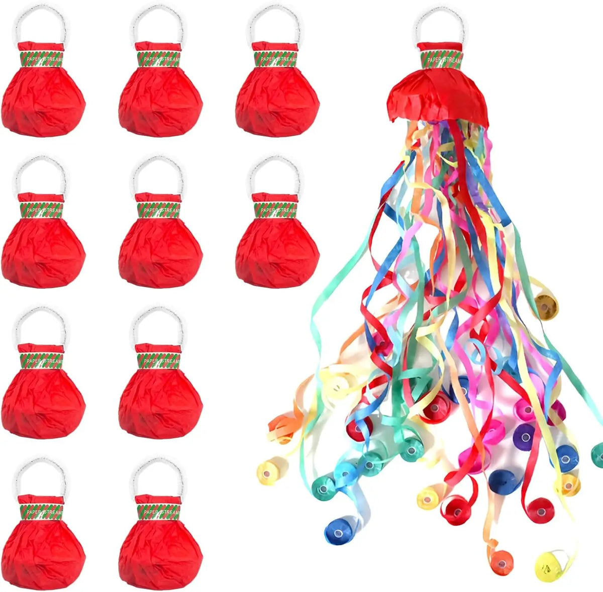 A collection of red and brown paper streamers for party decor, shown in various rolled and unrolled forms.