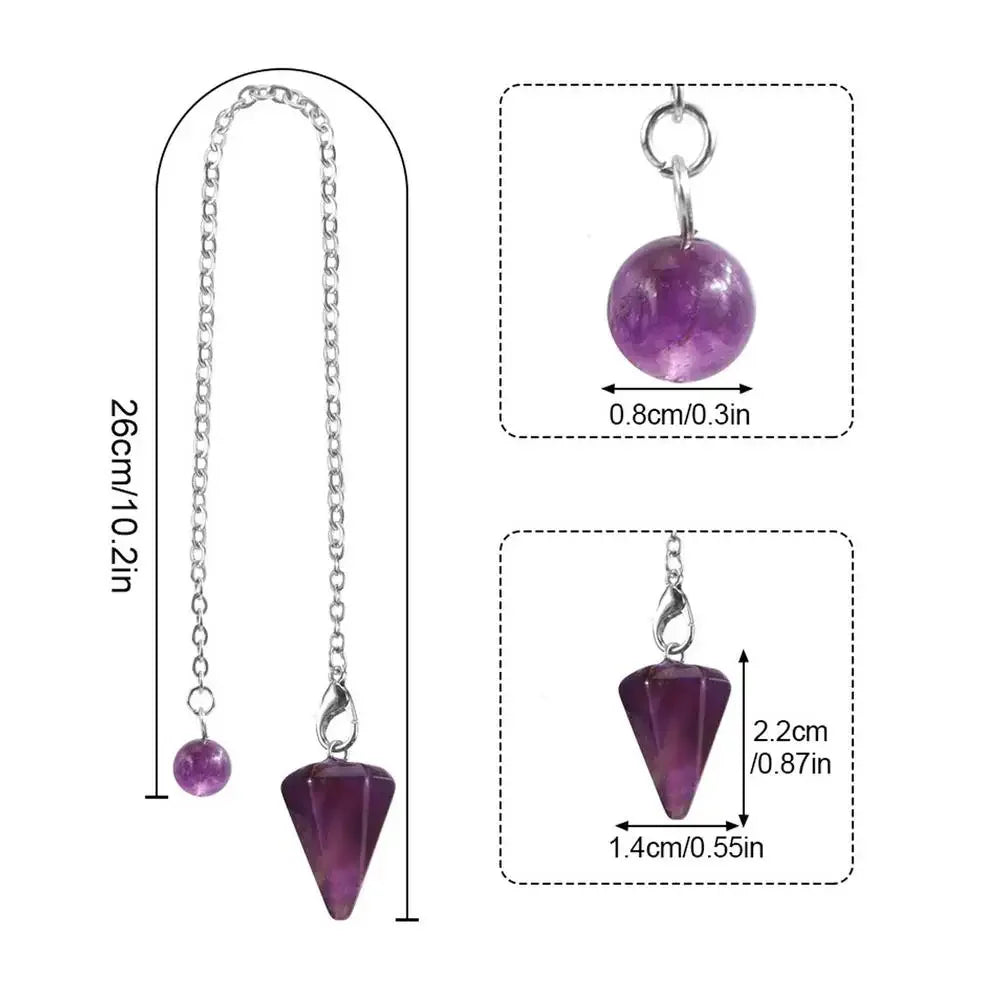 A purple gemstone pendant on a silver chain, shown with size measurements.