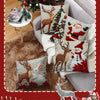 A set of four festive Christmas linen throw pillow covers featuring deer, Santa, and winter holiday designs.