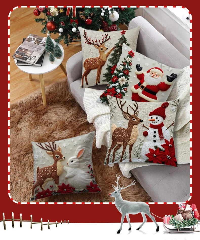 A set of four festive Christmas linen throw pillow covers featuring deer, Santa, and winter holiday designs.