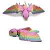 A pink and multicolored parrot figurine with movable wings displayed against a white background.