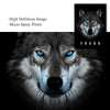 A close-up portrait of a wolf's face with striking blue eyes, used as a motivational animal canvas print.
