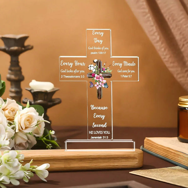 Acrylic cross desk decor featuring Bible verses for daily inspiration