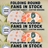 Three round fabric fans in stock showing different custom designs and colors.