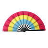 A colorful folding hand fan with pink, yellow, and blue segments.