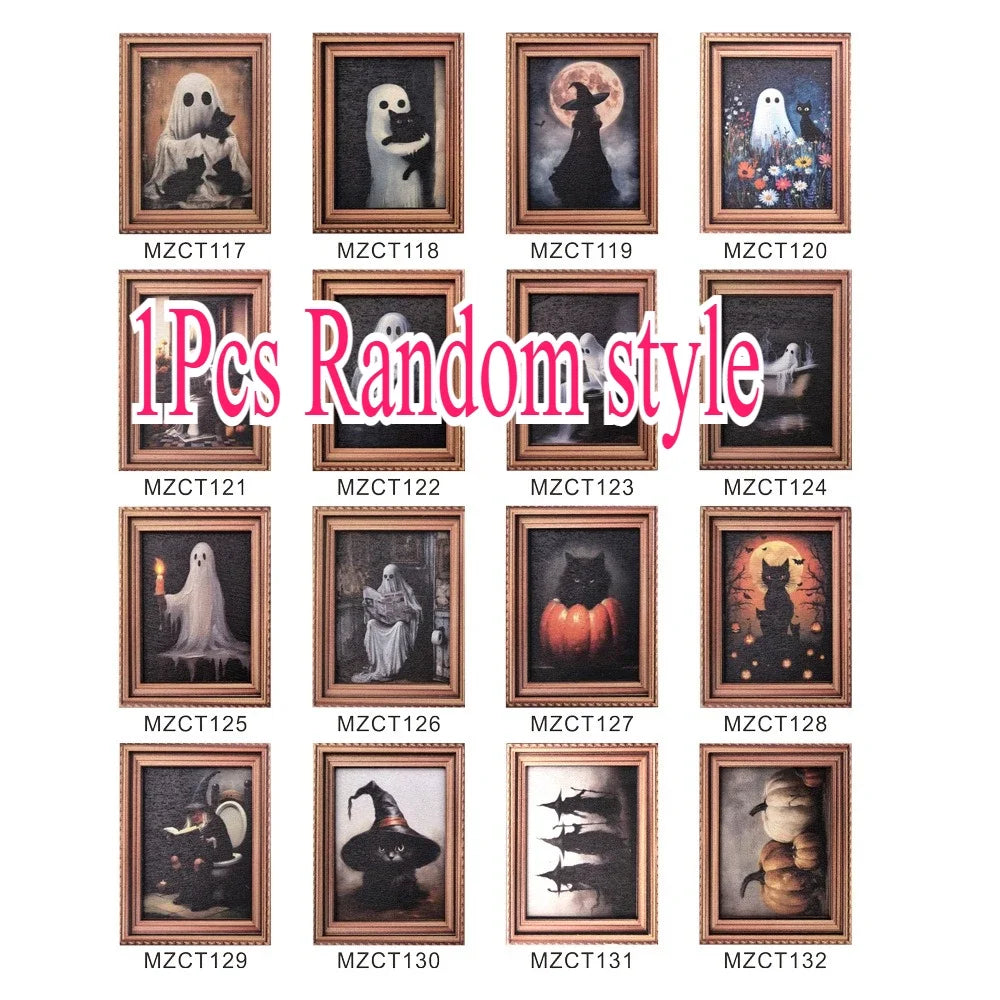 A collection of 19 Halloween-themed fridge magnets featuring ghosts, pumpkins, and spooky figures in various artistic styles.