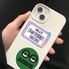 A hand holds a phone displaying humorous stickers about anxiety and overcoming emotions.