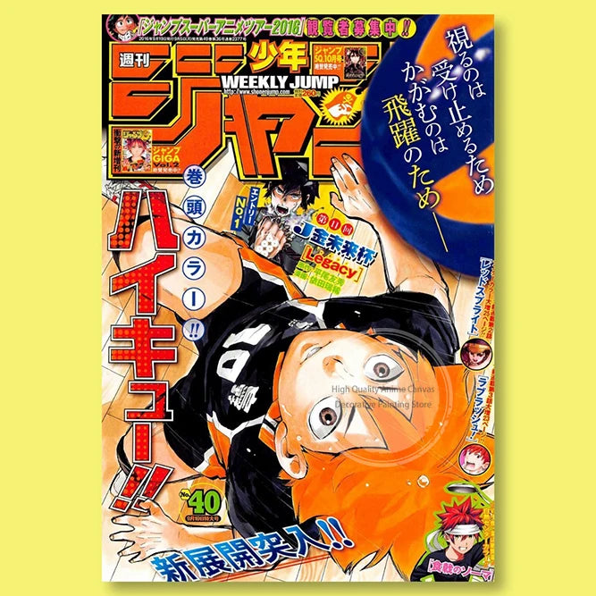 A vibrant wall poster featuring characters from Haikyuu anime, displayed on a canvas.