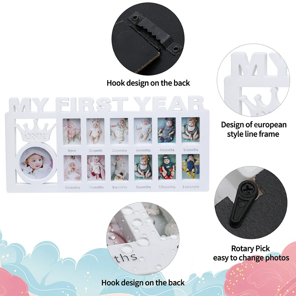 A white photo frame keepsake with a hook design on the back, featuring designs for monthly growth photos.
