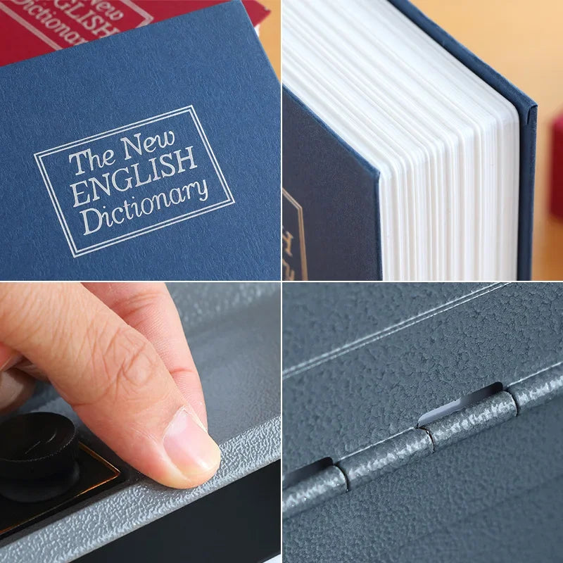 A close-up view of a classic book hidden safe with a combination lock, showing the texture and mechanism.