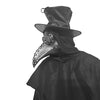 A black plague doctor mask with a long beak and hood, worn as a Halloween costume accessory.