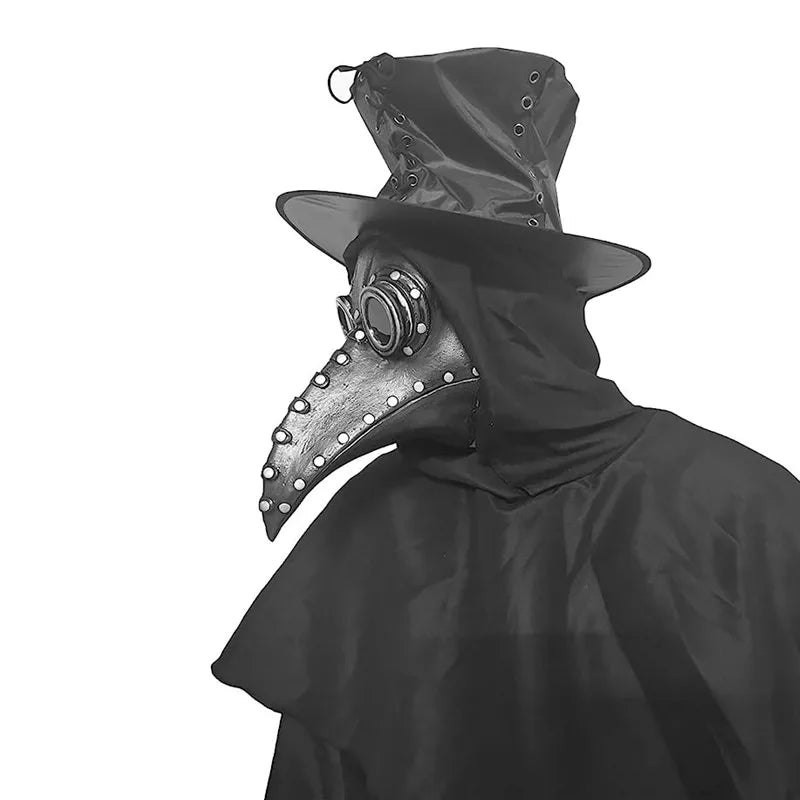 A black plague doctor mask with a long beak and hood, worn as a Halloween costume accessory.