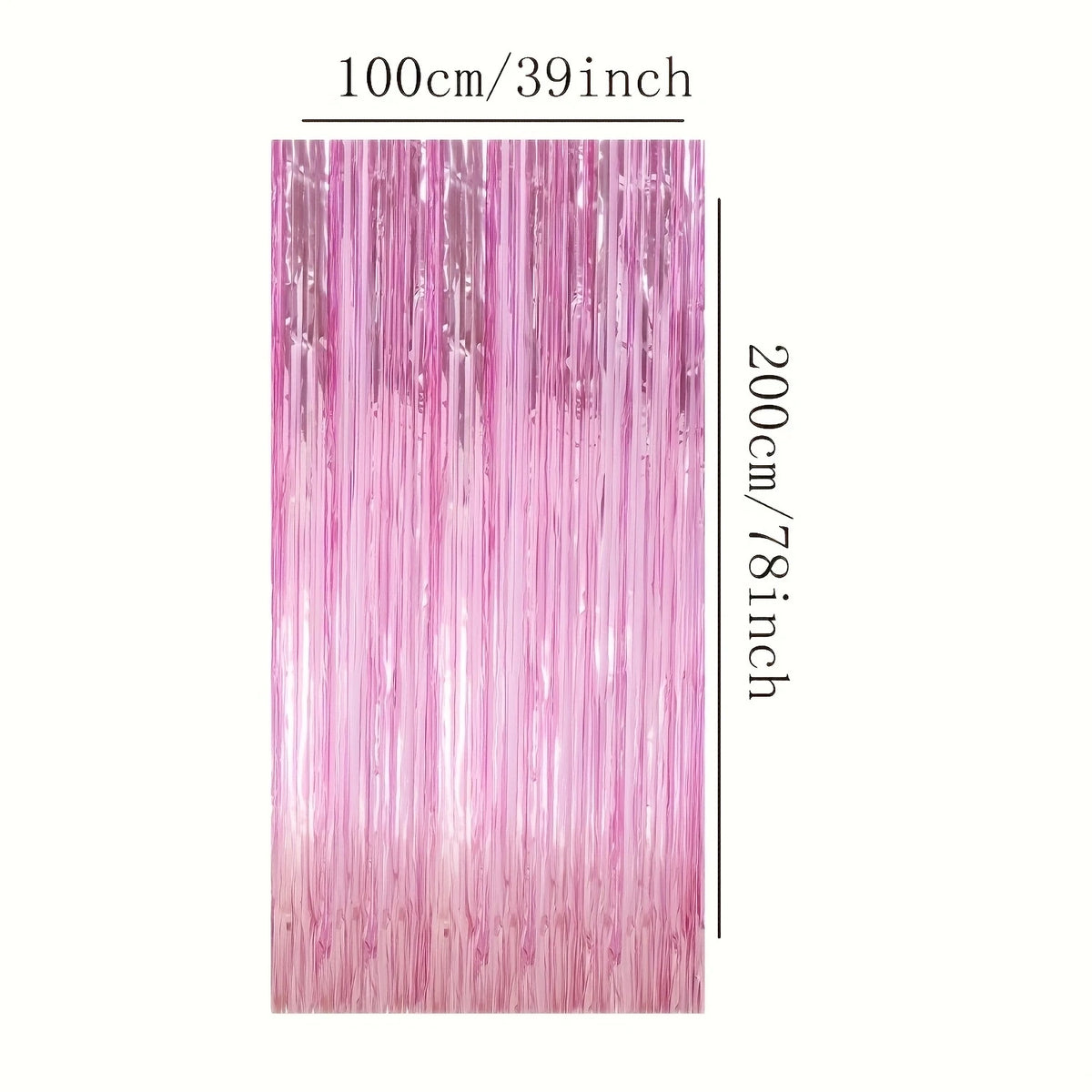A vertical rectangular backdrop made of pink metallic foil tassels, measuring 100cm by 200cm.