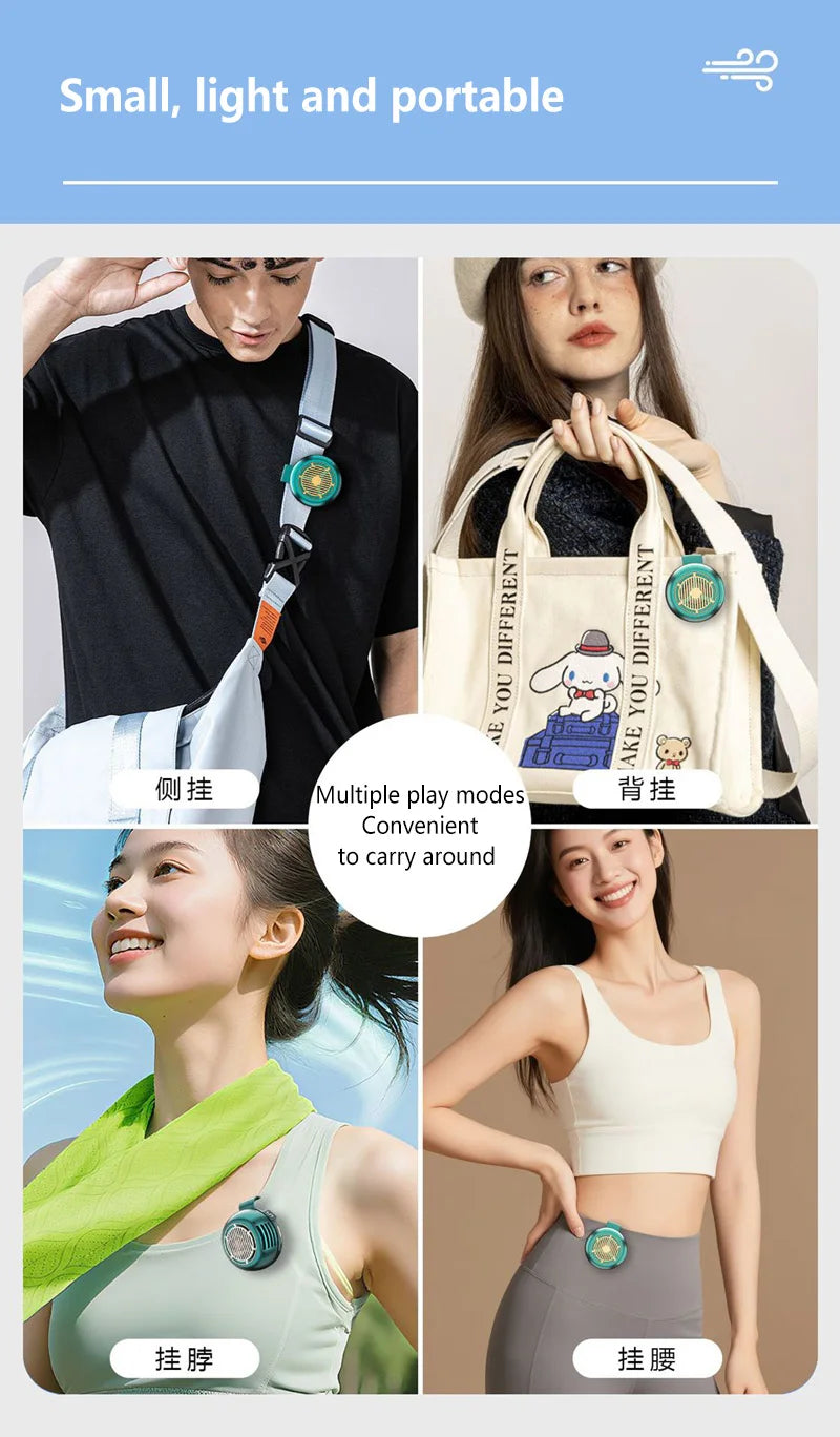 Various wearable cooling fans including a backpack style, a neck accessory, and a belt clip-on fan.