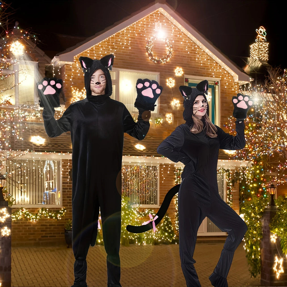 A person dressed as a cat with paw gloves and a decorative headband stands in front of a house decorated with warm lights.