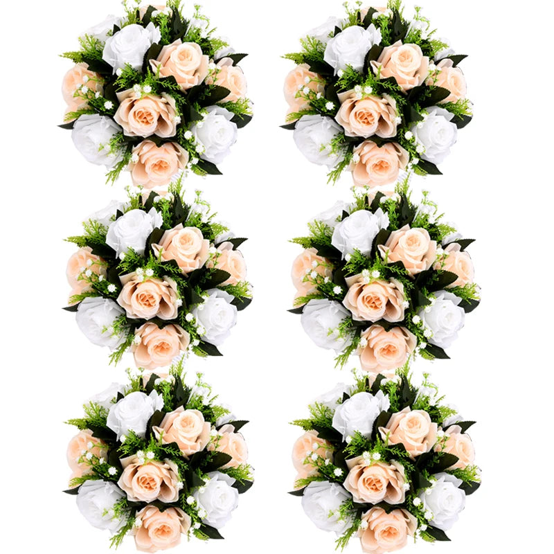 A set of six rose ball centerpieces featuring silk artificial flowers in shades of peach and white.