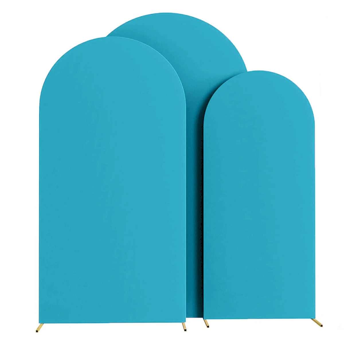 Three teal spandex fitted wedding arch covers standing upright.