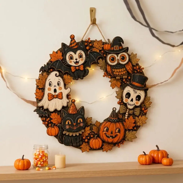 A vintage wooden Halloween wreath featuring carved cats, an owl, and a pumpkin, displayed on a light wall.