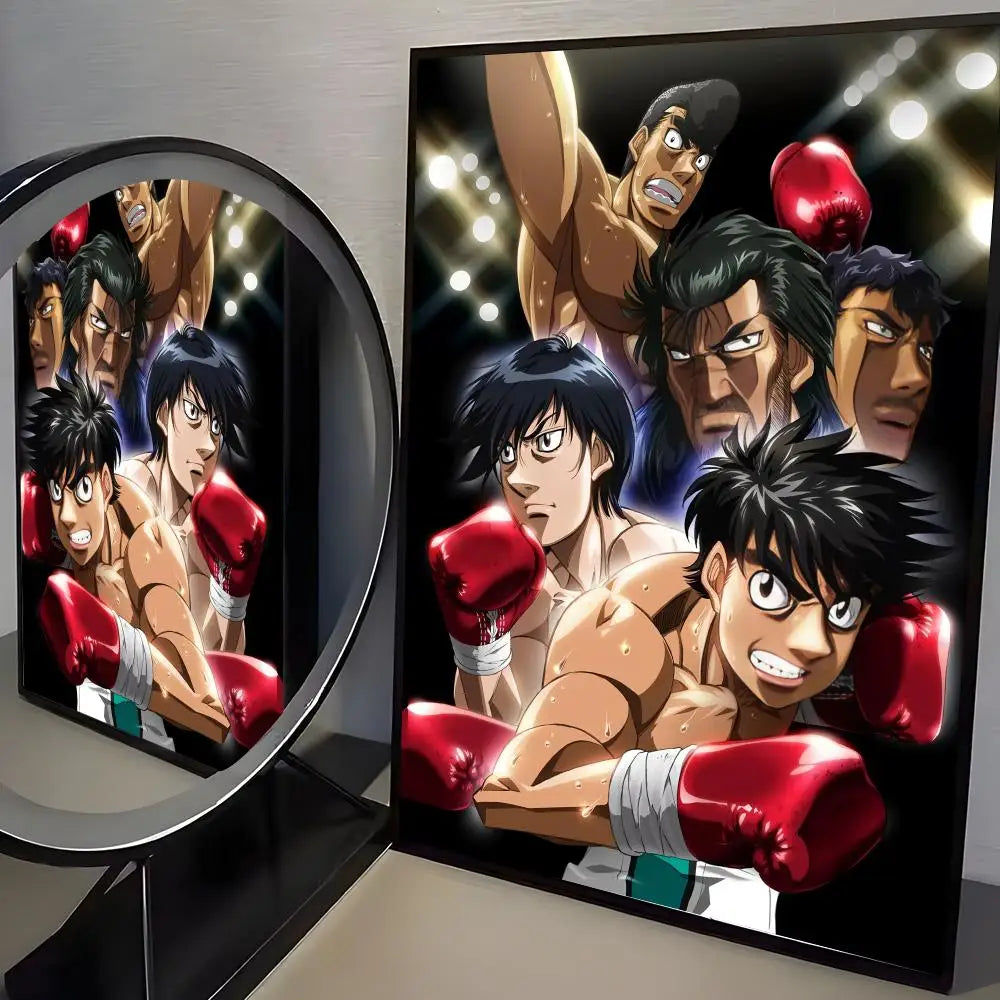 A canvas poster featuring a dynamic illustration of a boxer, likely from Hajime no Ippo, with intense facial expressions and 