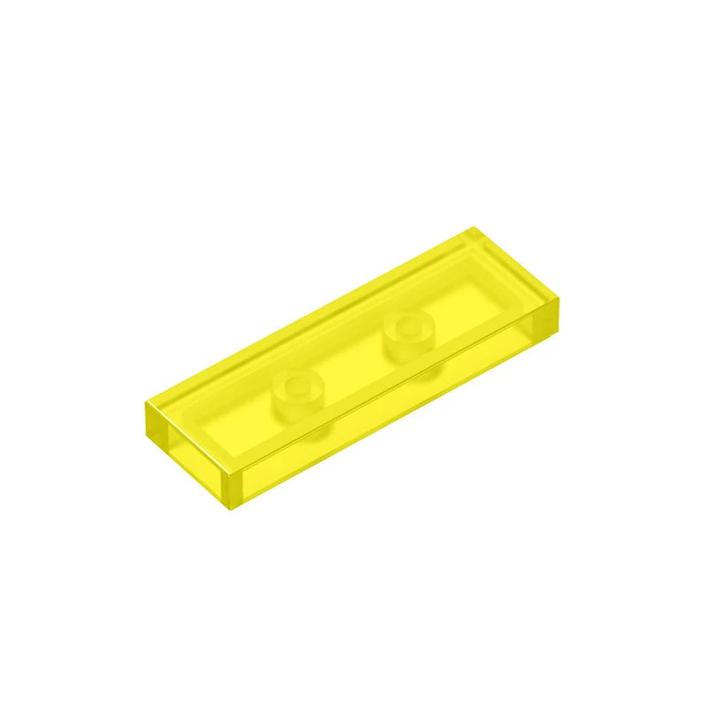 A yellow smooth tile building brick with two circular indentations.