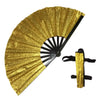 A gold glitter holographic hand fan with a black frame shown open and closed.