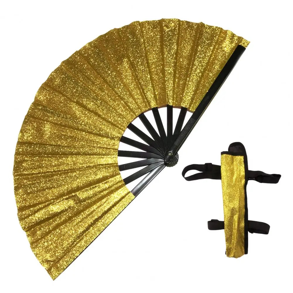 A gold glitter holographic hand fan with a black frame shown open and closed.