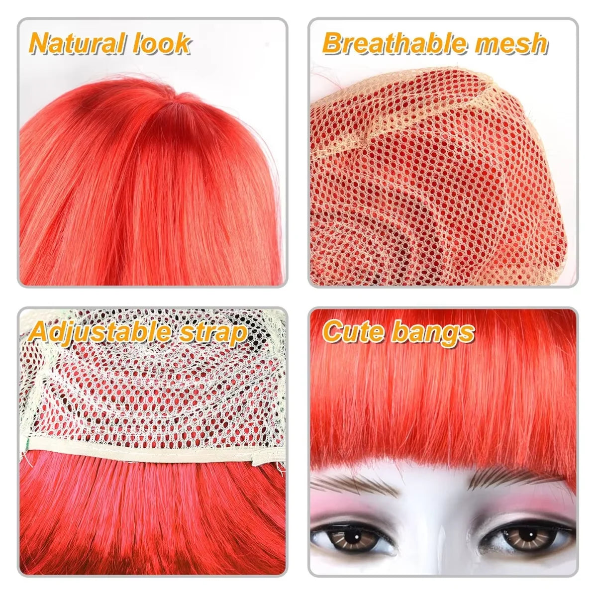 A bright red neon light up bob short hair wig featuring breathable mesh, an adjustable strap, and cute bangs.