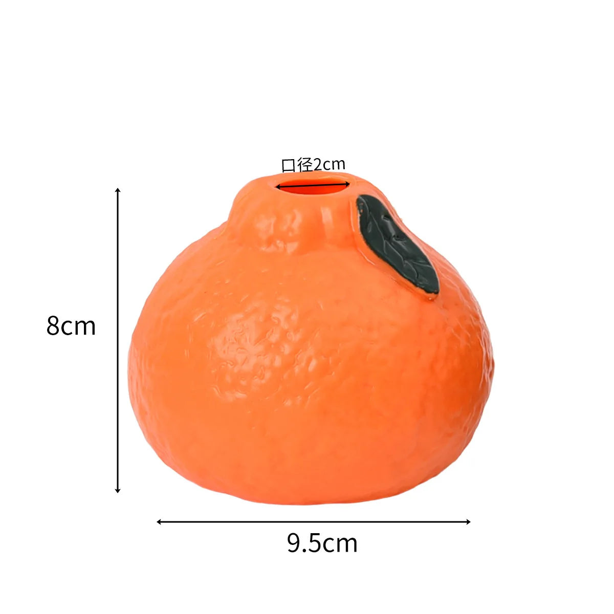 An orange ceramic fruit-shaped vase with a black opening and dimensions 8cm high and 9.5cm wide.