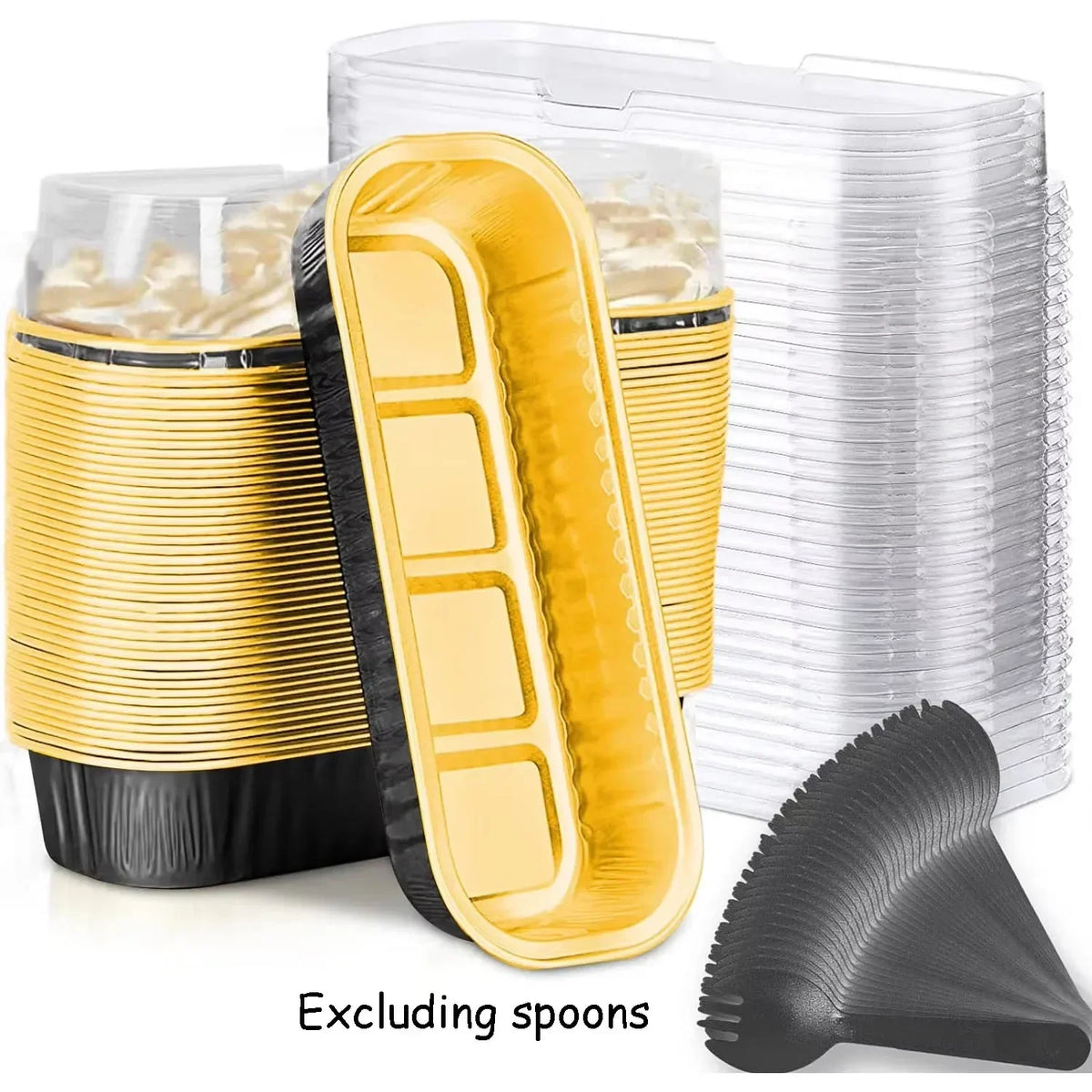A clear plastic rectangular food packaging container with a gold foil bread tray and lid, next to a stack of clear plastic tr