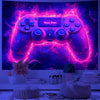 A purple and pink UV reactive game controller is displayed against a dark background with glowing effects.