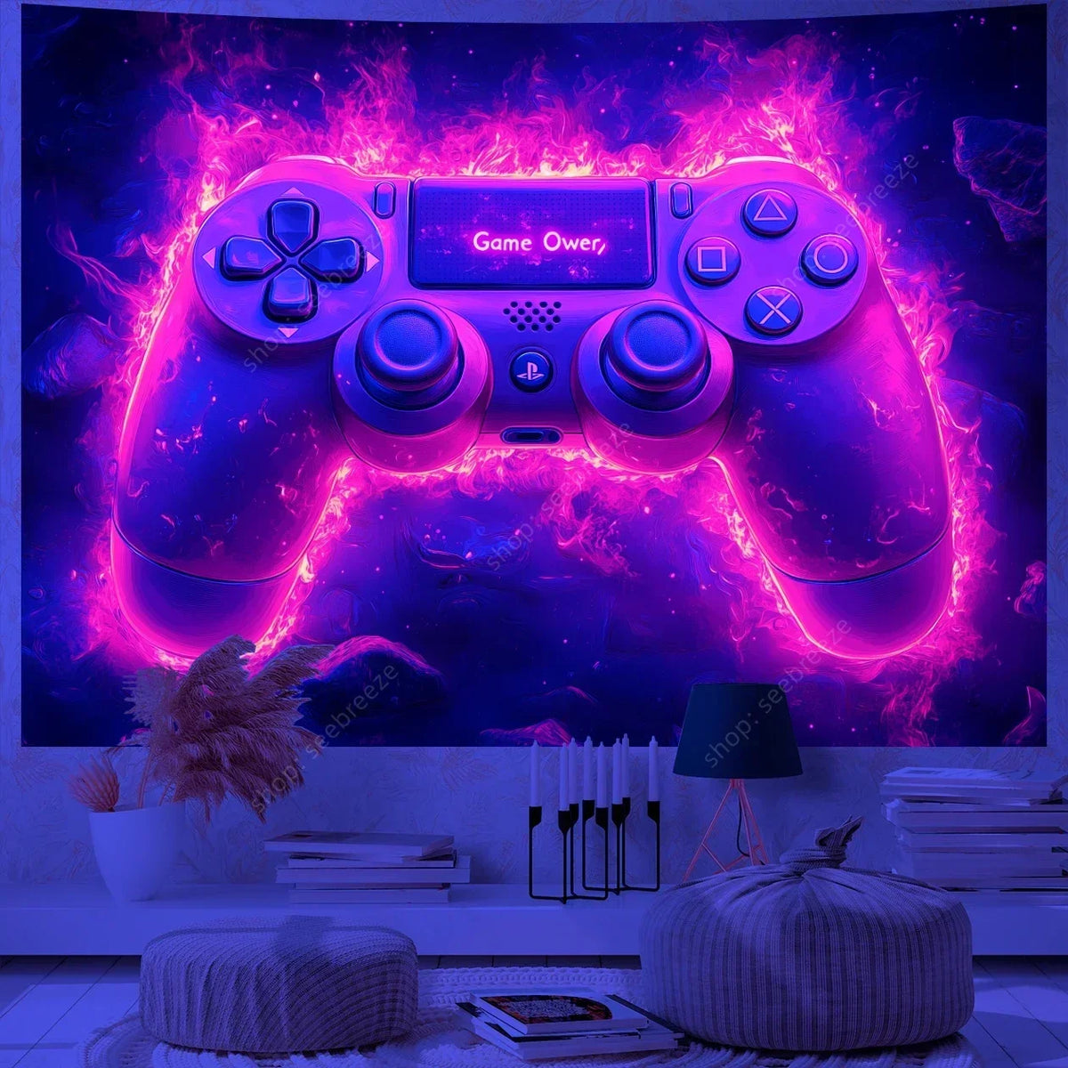 A purple and pink UV reactive game controller is displayed against a dark background with glowing effects.