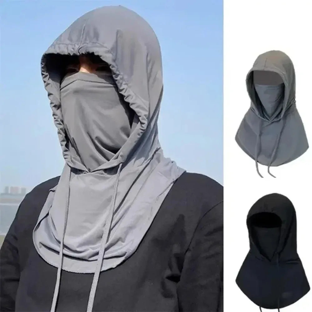 Gray breathable full head UV protection mask shown on a person and separate product views.