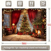 A festive Christmas tree decorated with lights stands in front of a stone fireplace backdrop.