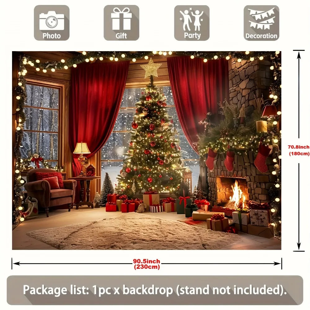 A festive Christmas tree decorated with lights stands in front of a stone fireplace backdrop.