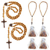 A set of wooden rosary beads and pendants including a chain, a cross pendant, and several small bags of beads.