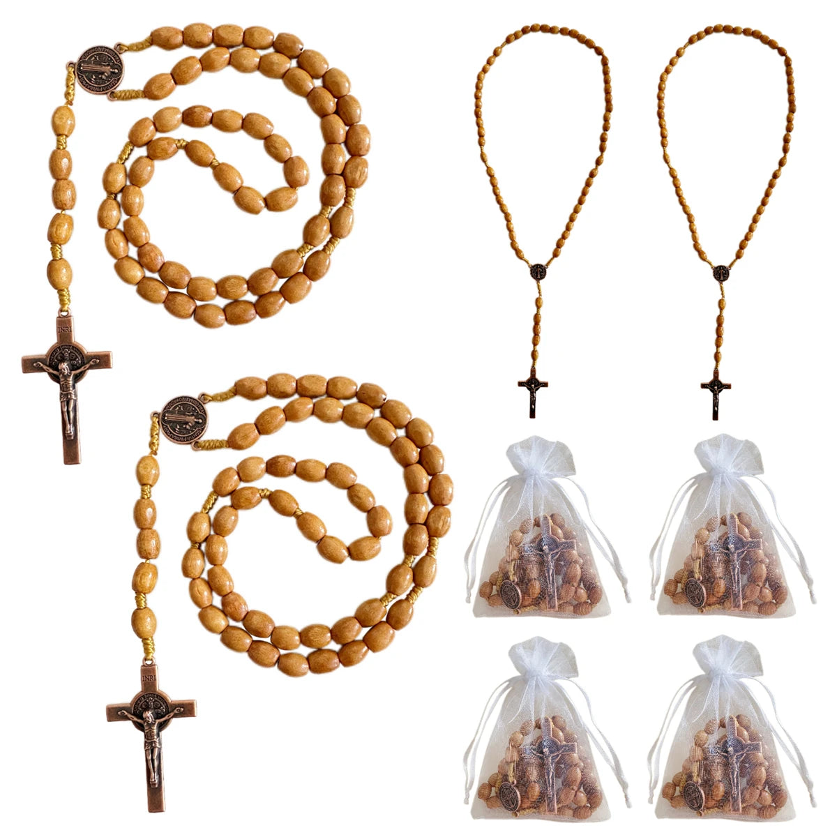 A set of wooden rosary beads and pendants including a chain, a cross pendant, and several small bags of beads.