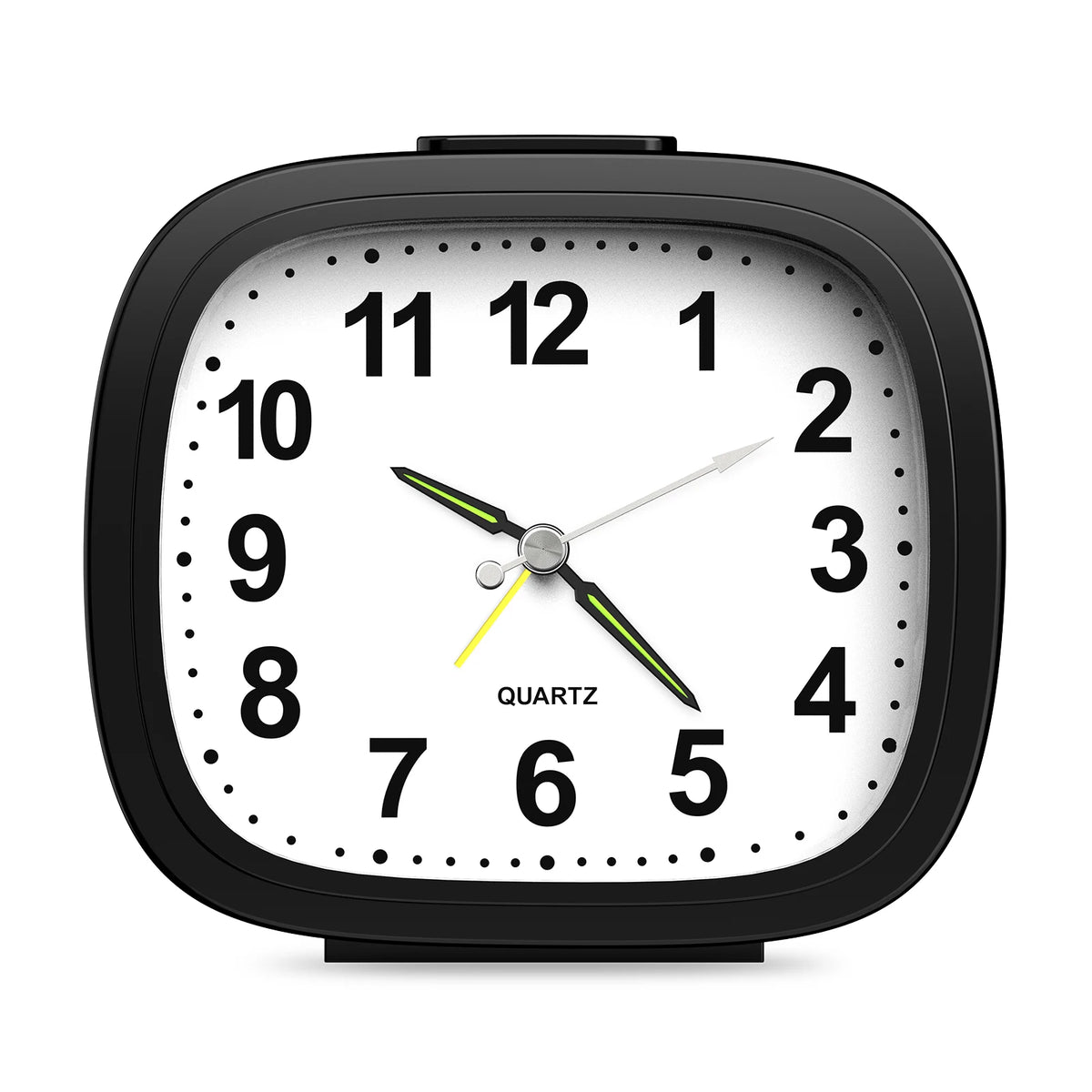A black digital alarm clock face showing the time 12:00 with a white background and black bezel.