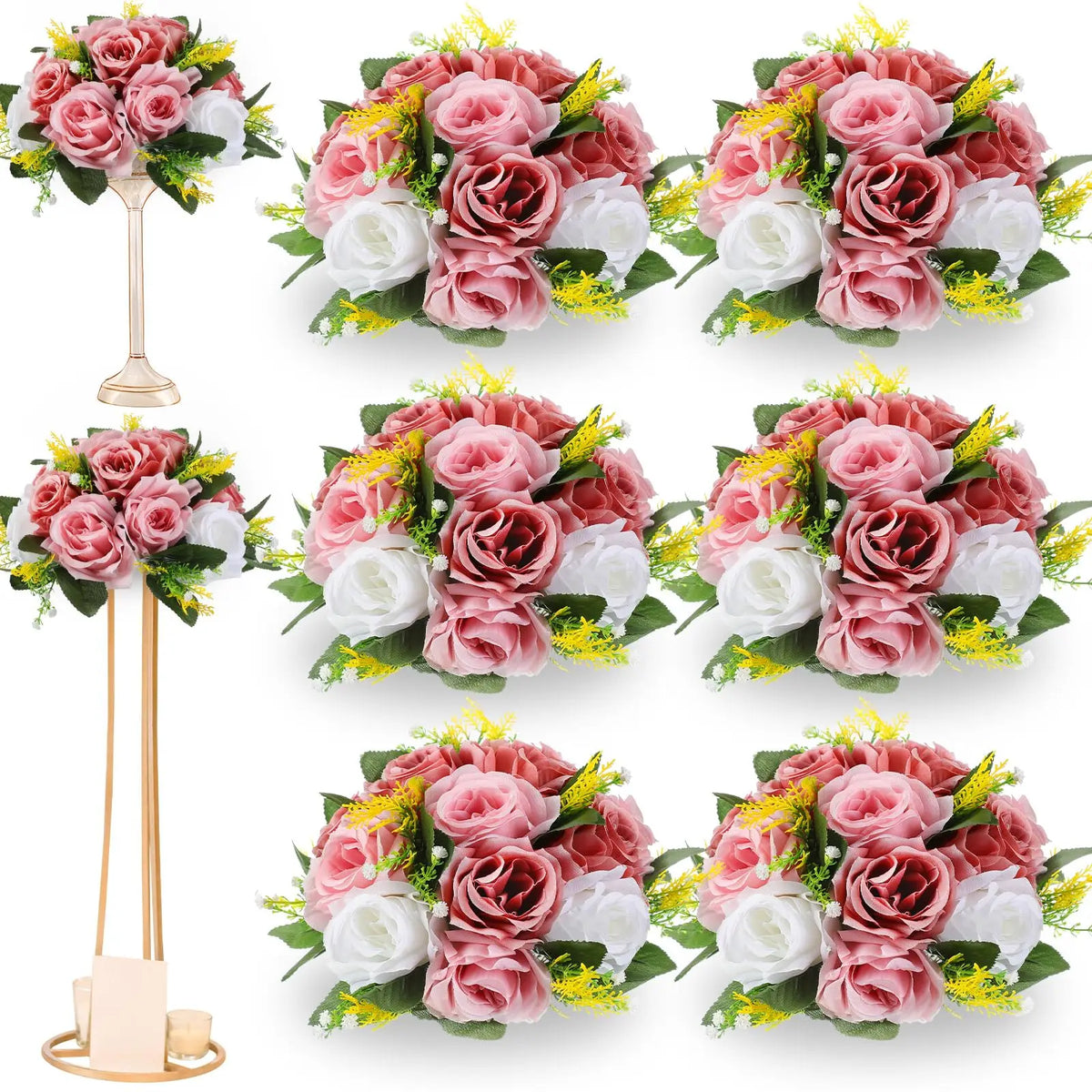 A set of six pink and white silk artificial roses arranged in bouquets and a tall rose ball centerpiece.