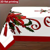 A red and green festive poinsettia and holly Christmas pattern on a white tablecloth.