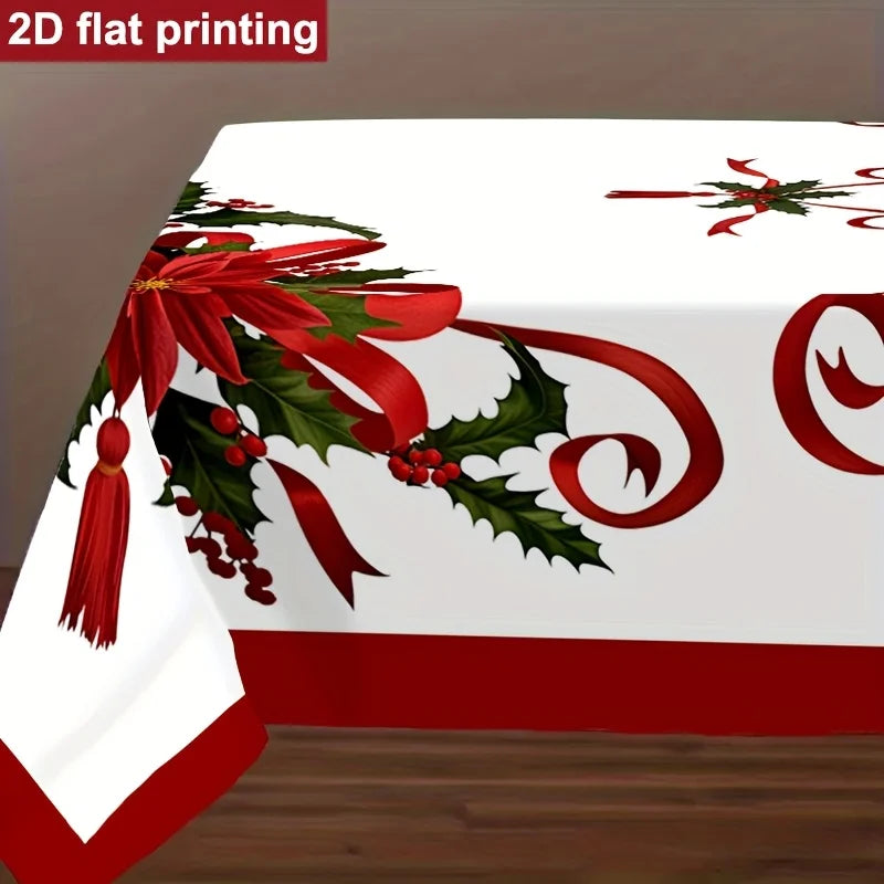 A red and green festive poinsettia and holly Christmas pattern on a white tablecloth.