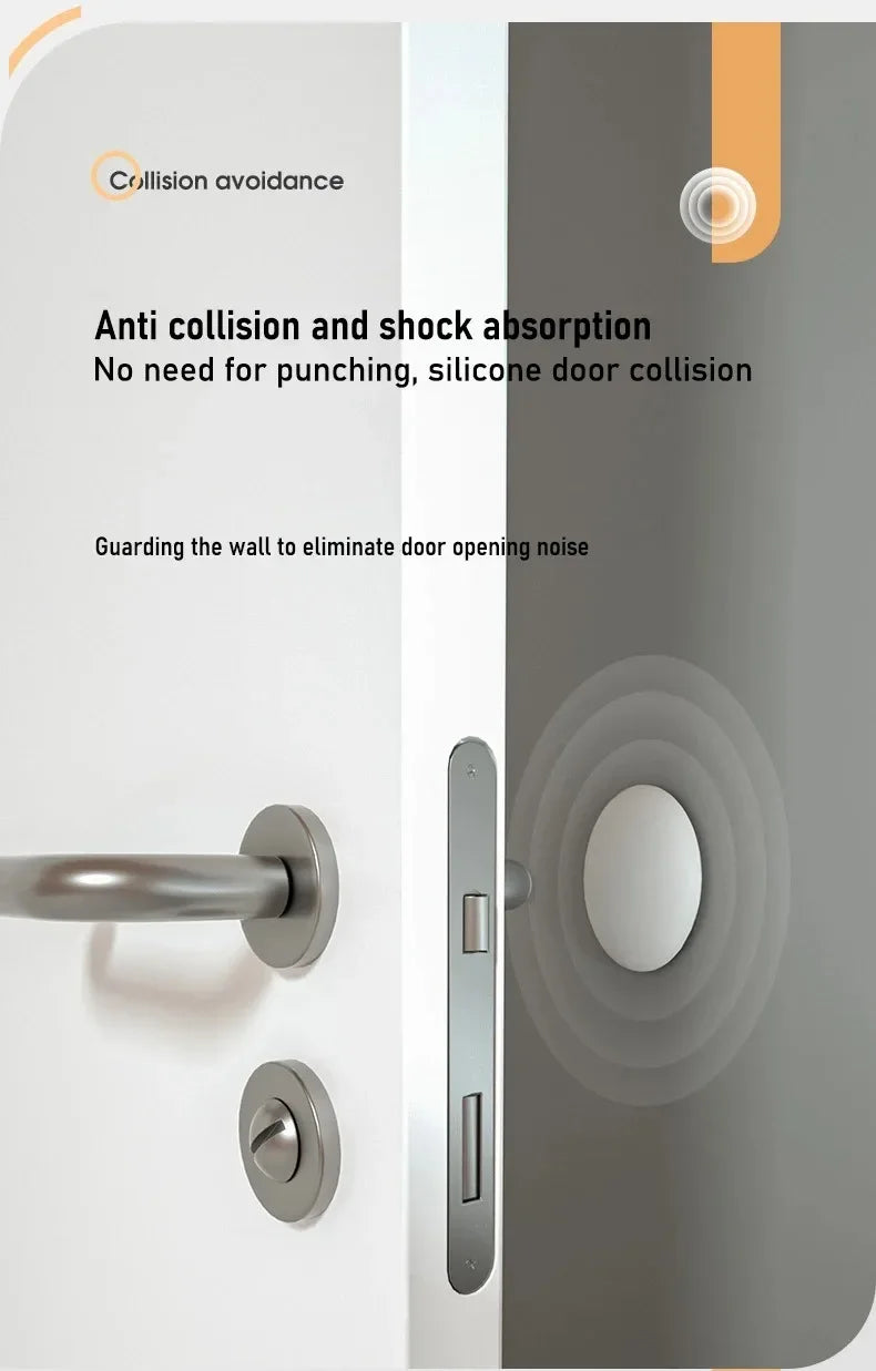 Close-up of a silver door handle and lock mechanism on a white door, with an orange warning circle visible.